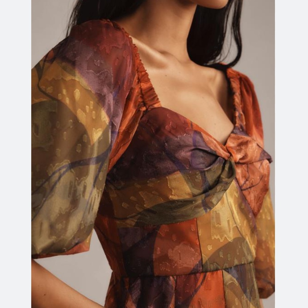 Anthropologie Hutch Printed Twist-Front Puff Sleeve Ruffle-Hem Dress - Picture 2 of 16